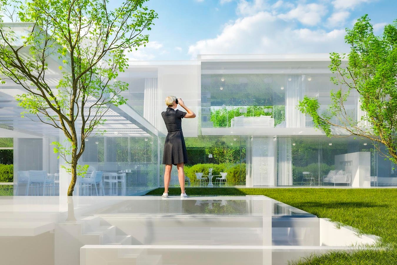 Modern apartment building with digital NFT overlay symbolizing tokenized real estate ownership on blockchain