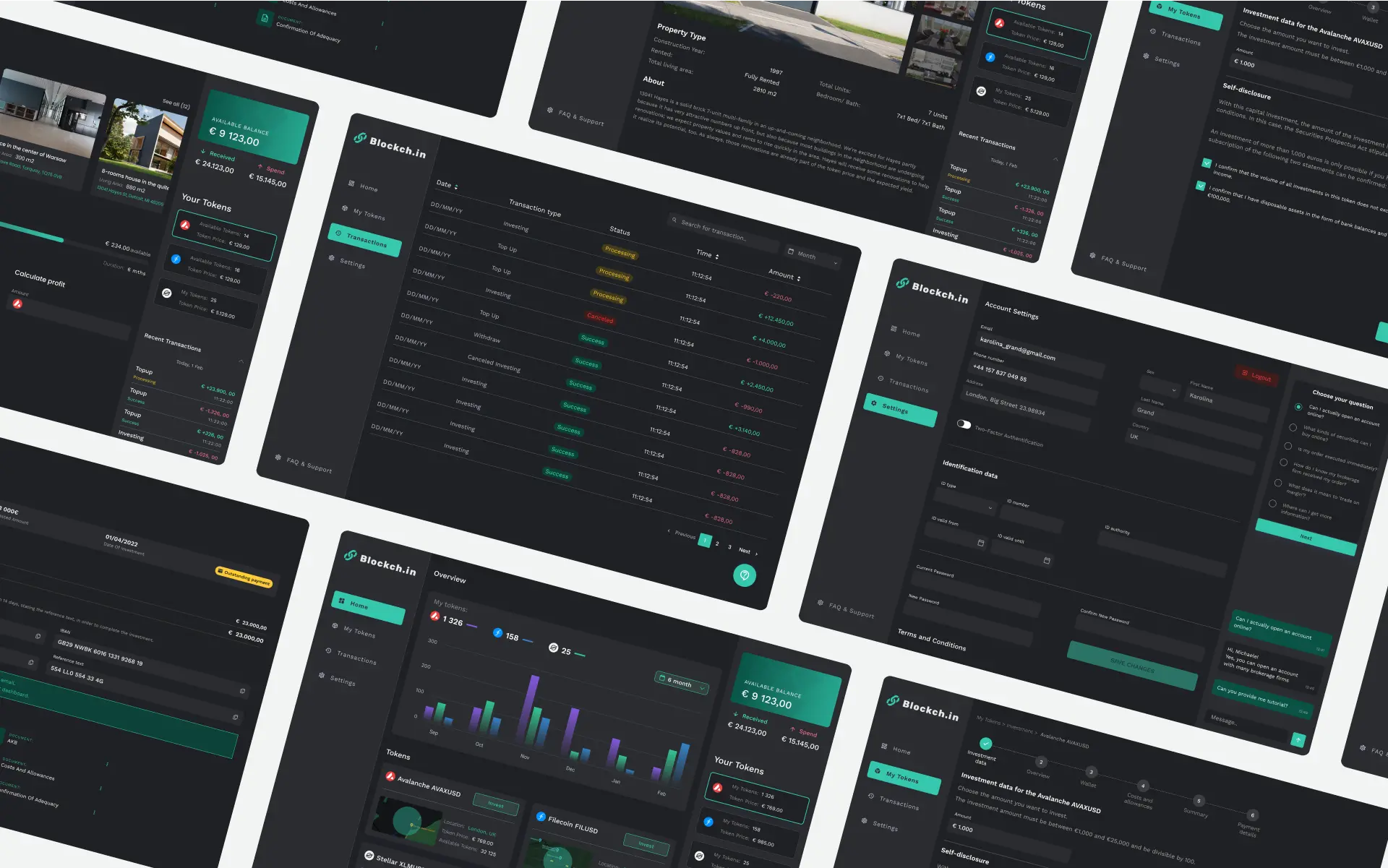 Modern digital dashboard showing tokenized real estate investments and performance analytics, illustrating fractional property ownership via blockchain technology.
