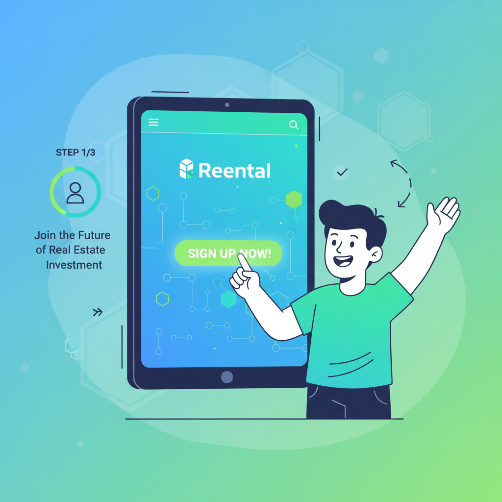 excited person signing up on modern Reental app interface, vibrant blues and greens, blockchain elements, motivational vibe