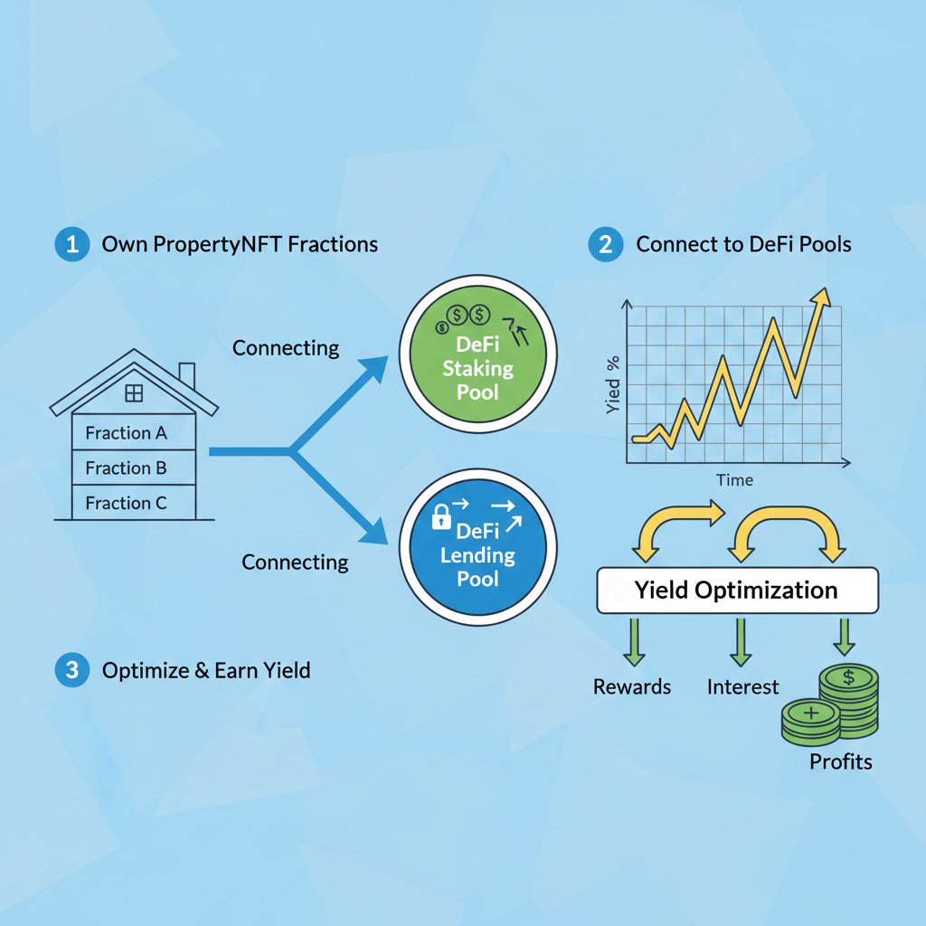 PropertyNFT fractions connecting to DeFi staking and lending pools, yield optimization graph