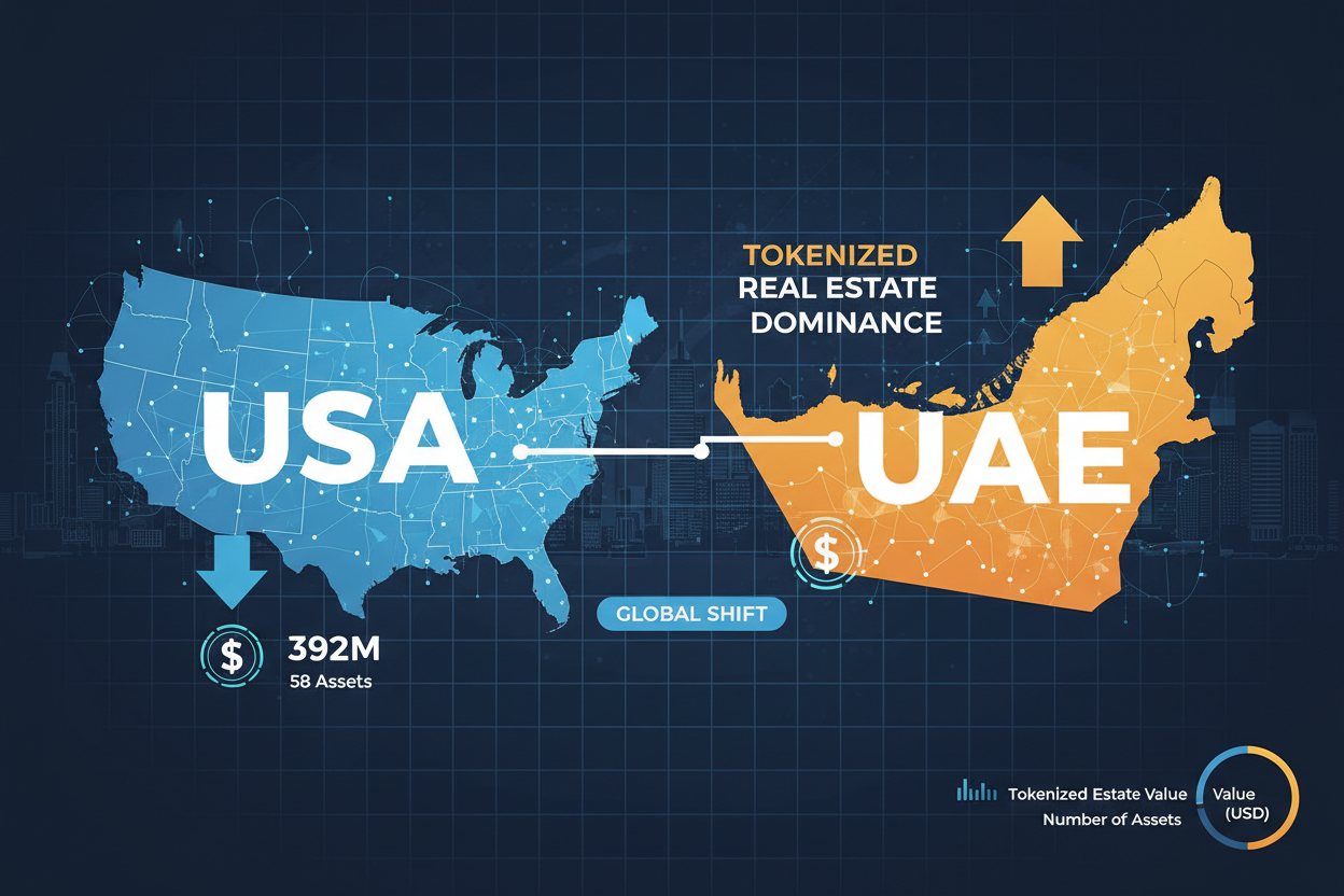 Infographic map highlighting USA and UAE dominance in $392.5M tokenized real estate market with 58 on-chain assets across key properties like Dubai Marina and New York Madison Avenue