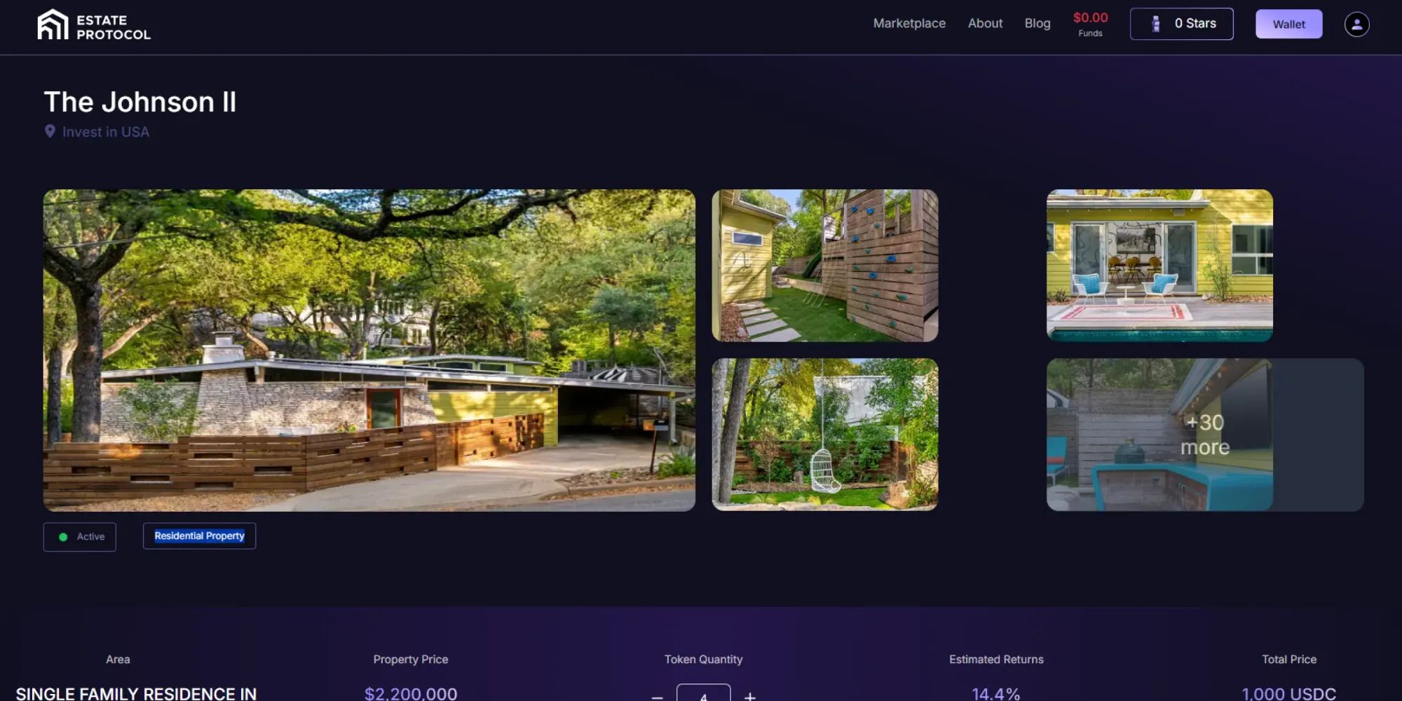 Vibrant RealT dashboard screenshot displaying tokenized real estate property investments with highlighted rental yields for fractional ownership