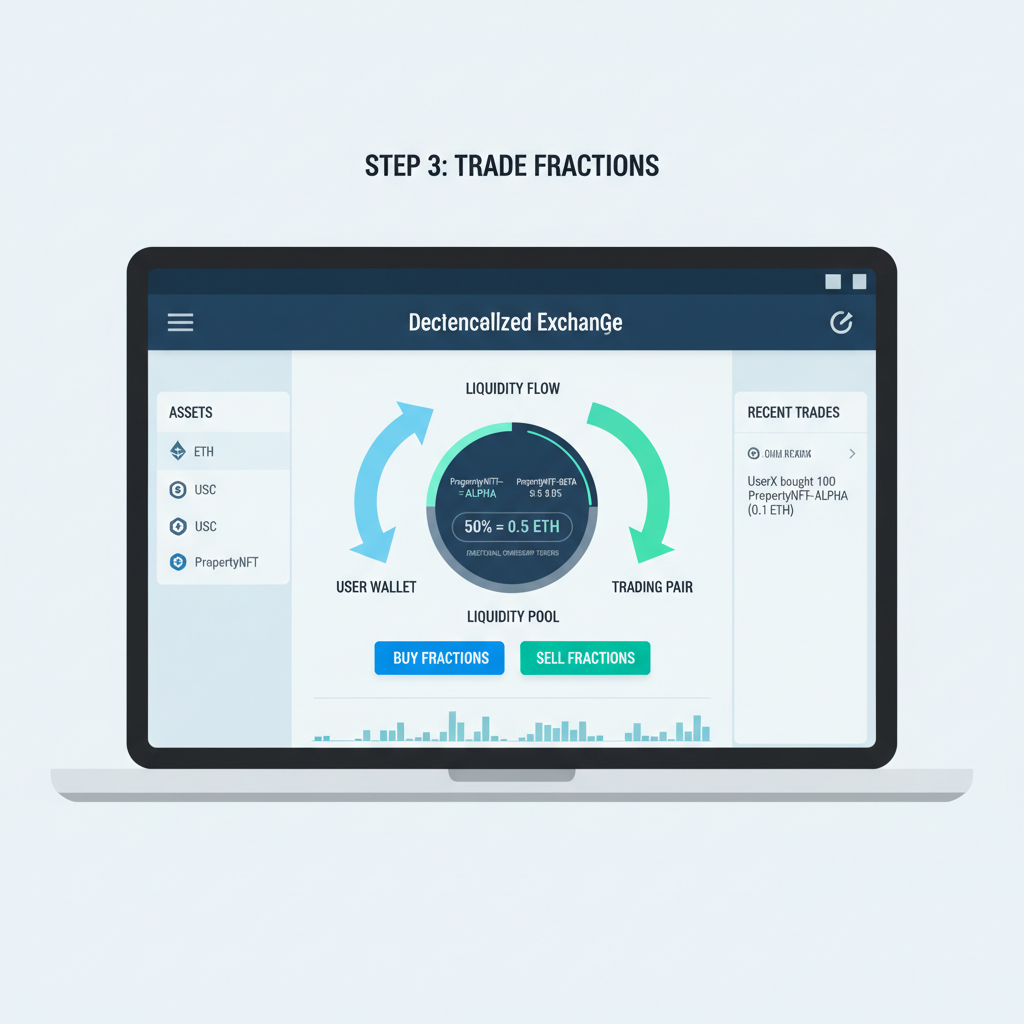 decentralized exchange interface showing PropertyNFT fractions being traded, liquidity flow arrows