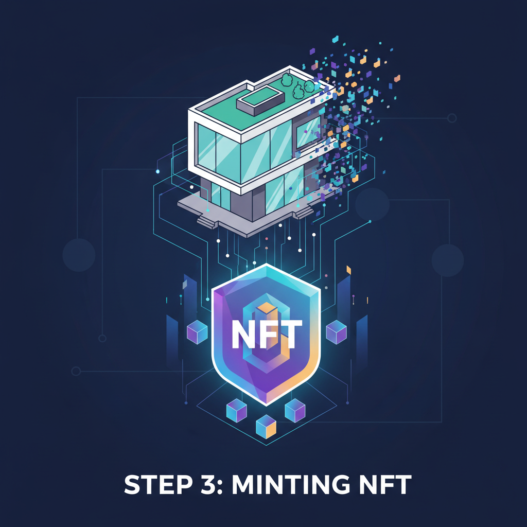 luxury real estate property transforming into glowing blockchain NFT token, futuristic digitalization