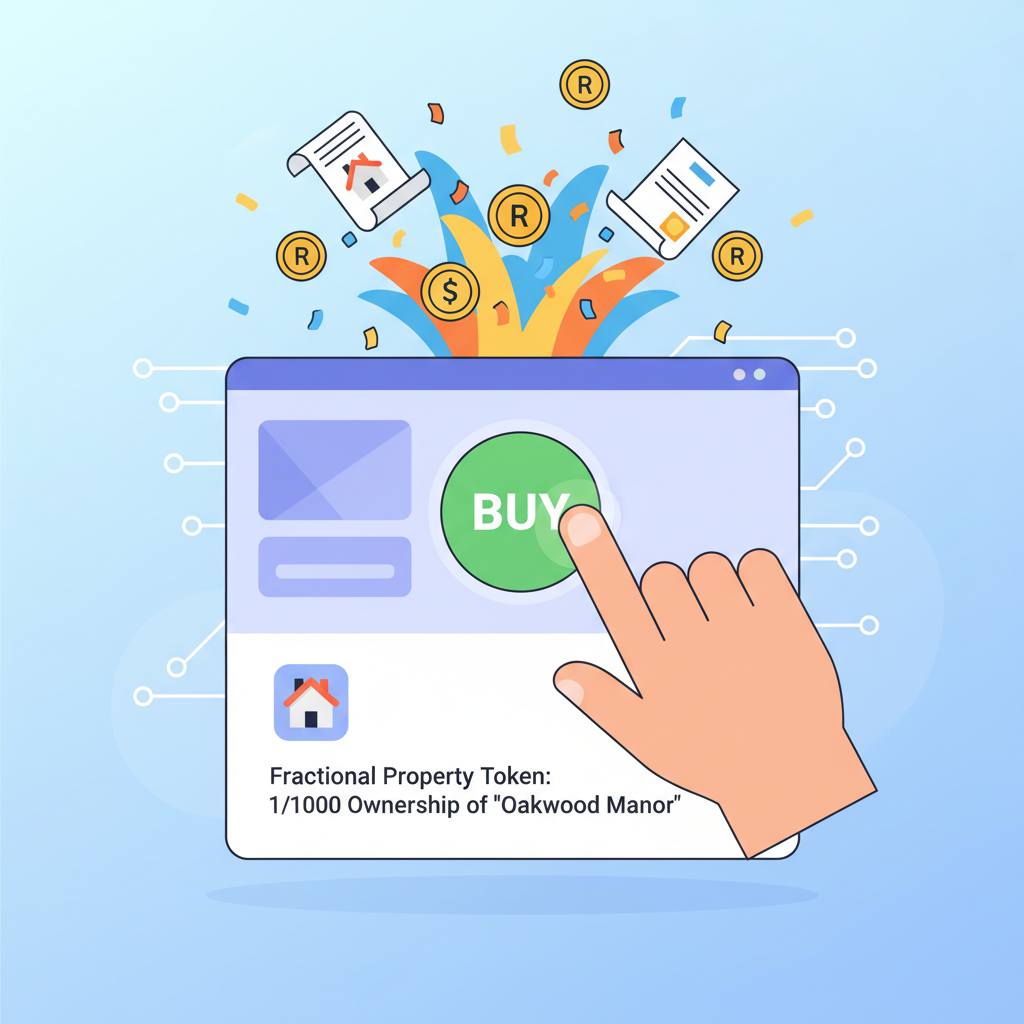 purchasing fractional real estate token, hand clicking buy button, exploding confetti with property deeds and tokens