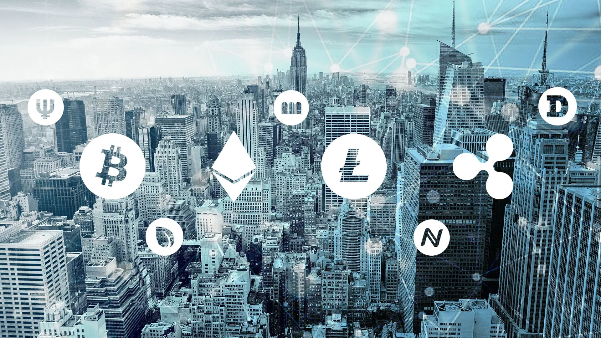 Modern digital artwork of a city skyline with blockchain nodes and real estate tokens overlay, representing on-chain fractional property ownership in 2025.