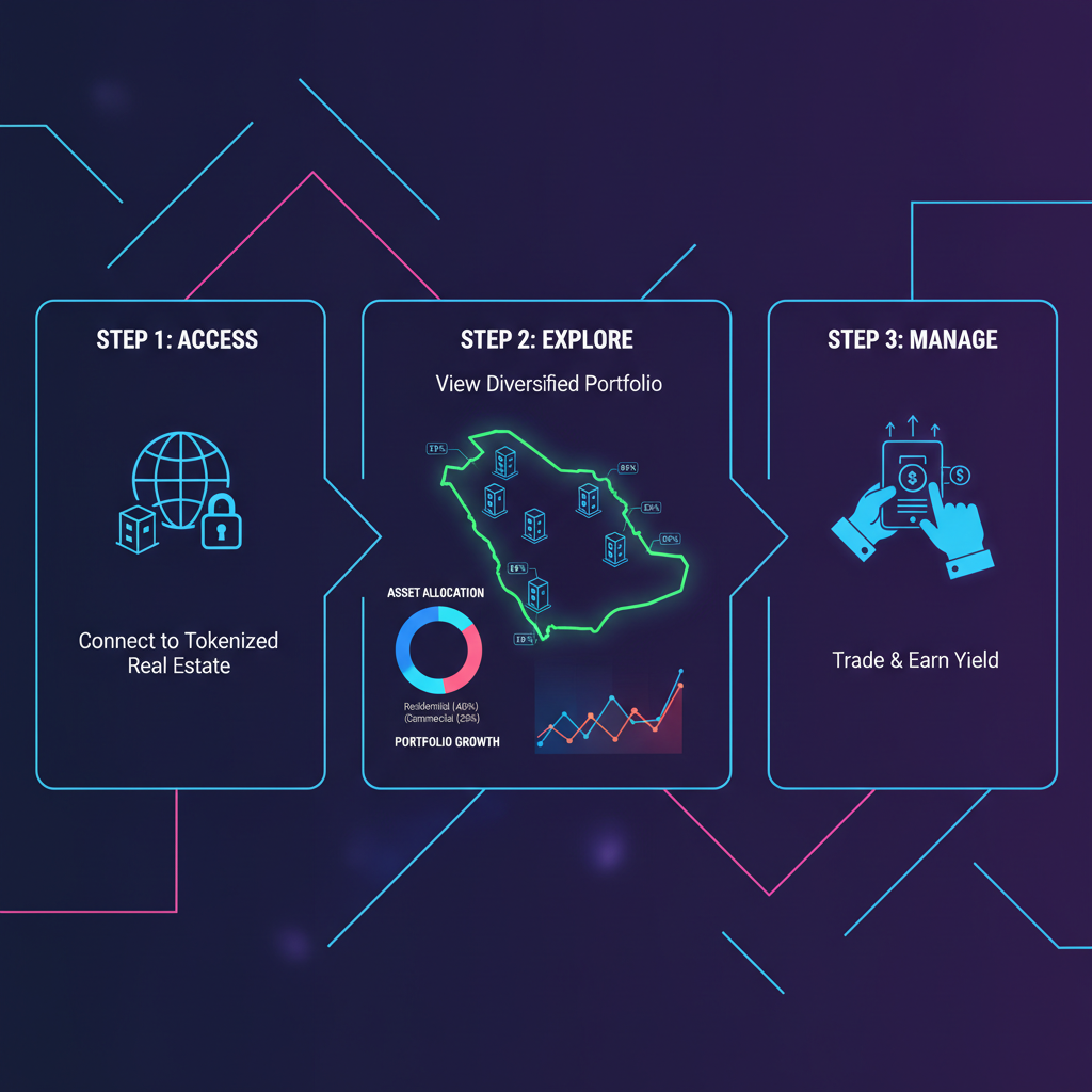 modern droppRWA dashboard showing tokenized property portfolio, charts graphs Saudi map, neon futuristic design