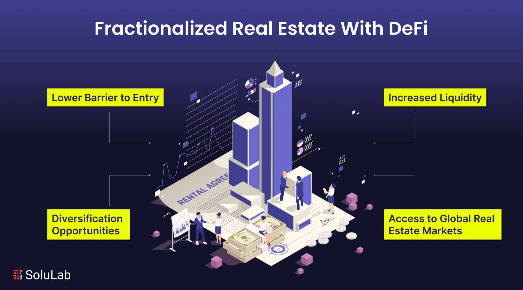 Fractional ownership of real estate building represented by NFTs on blockchain, showing digital tokens and diverse investors