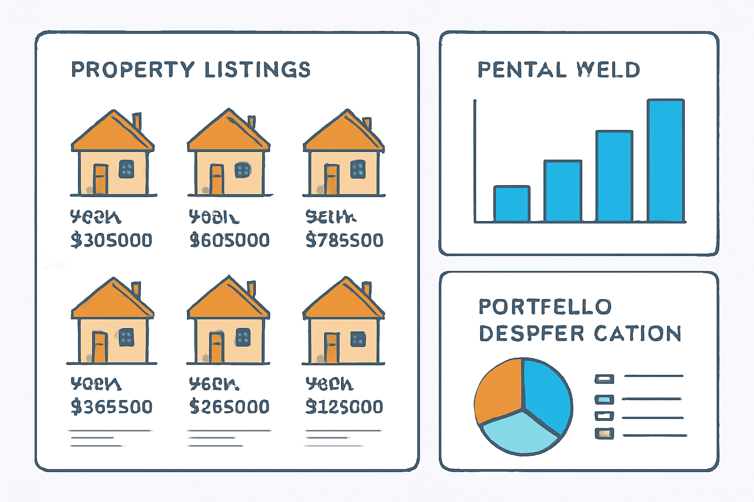 A digital dashboard showing multiple property listings, charts of rental yields, and a pie chart illustrating portfolio diversification.