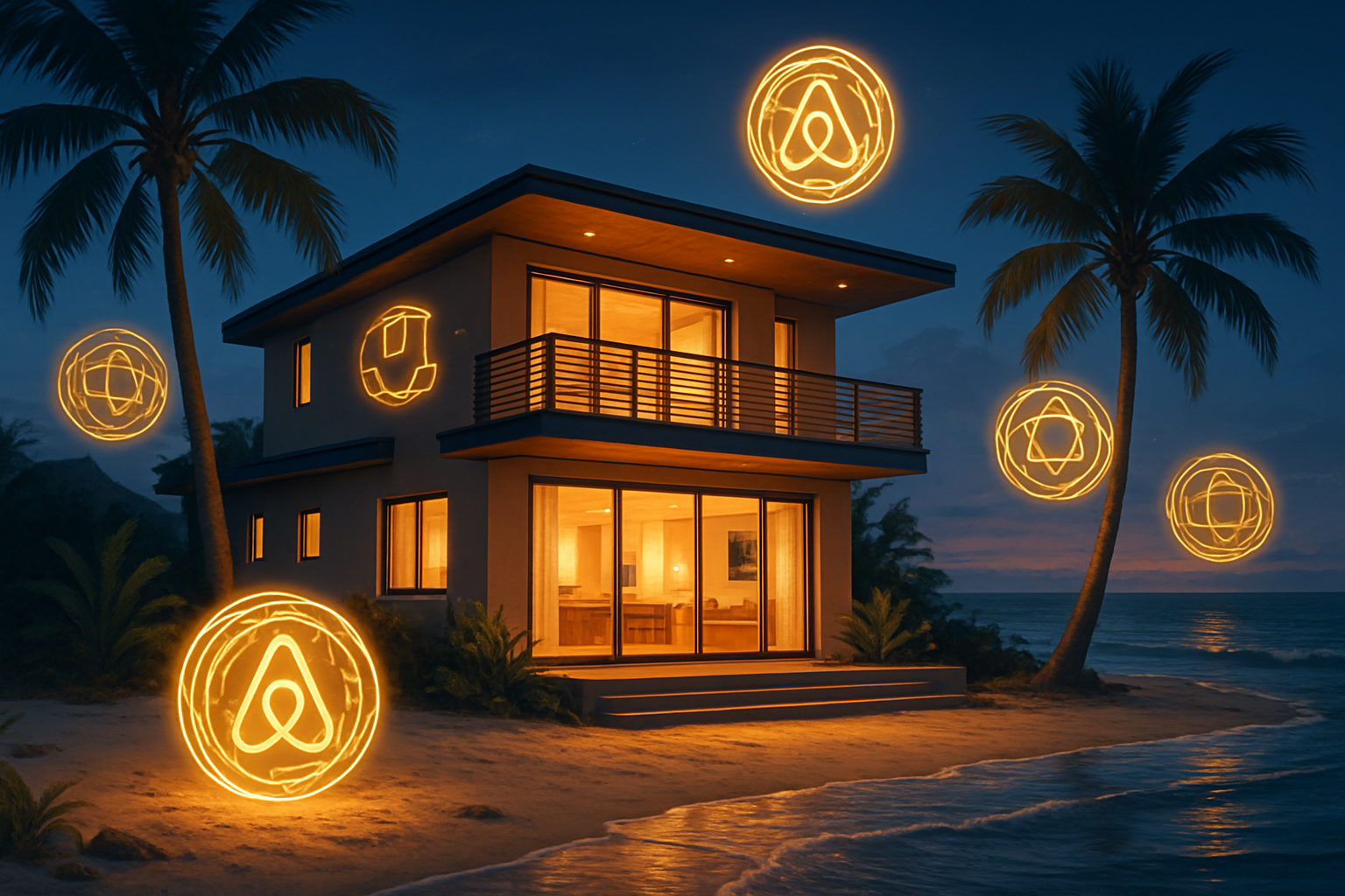 Beachfront Airbnb property with glowing blockchain tokens symbolizing fractional ownership for passive rental income in tokenized real estate 2025