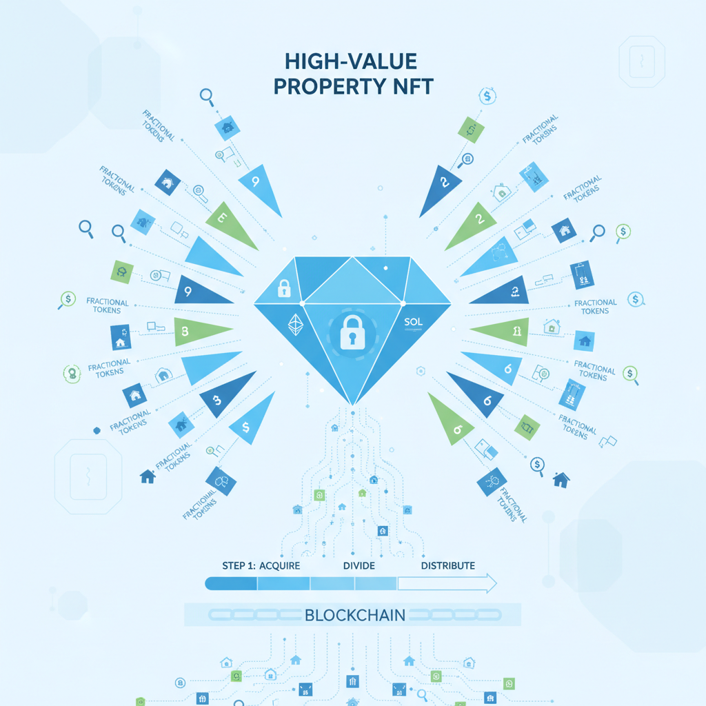 high-value property NFT dividing into hundreds of small fractional tokens like pie slices on blockchain