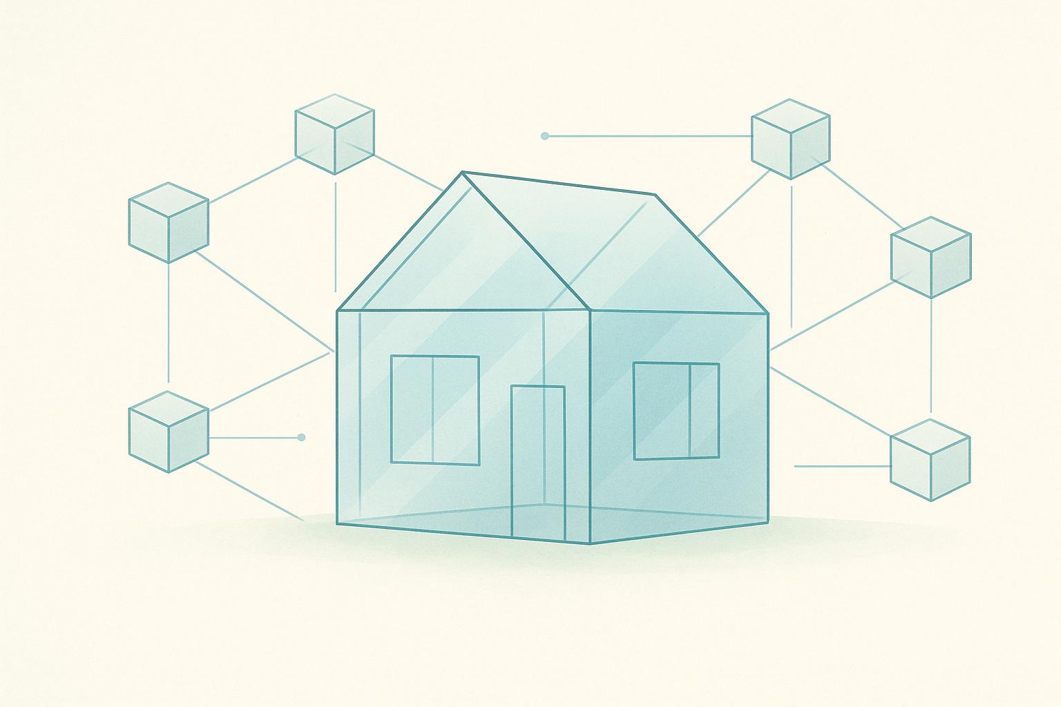 Modern single-family home with glowing digital token overlay representing fractional ownership on tokenized real estate platforms like RealT, Lofty, Propy, Zoniqx, Blocksquare, Elysian, and SolidBlock in 2026